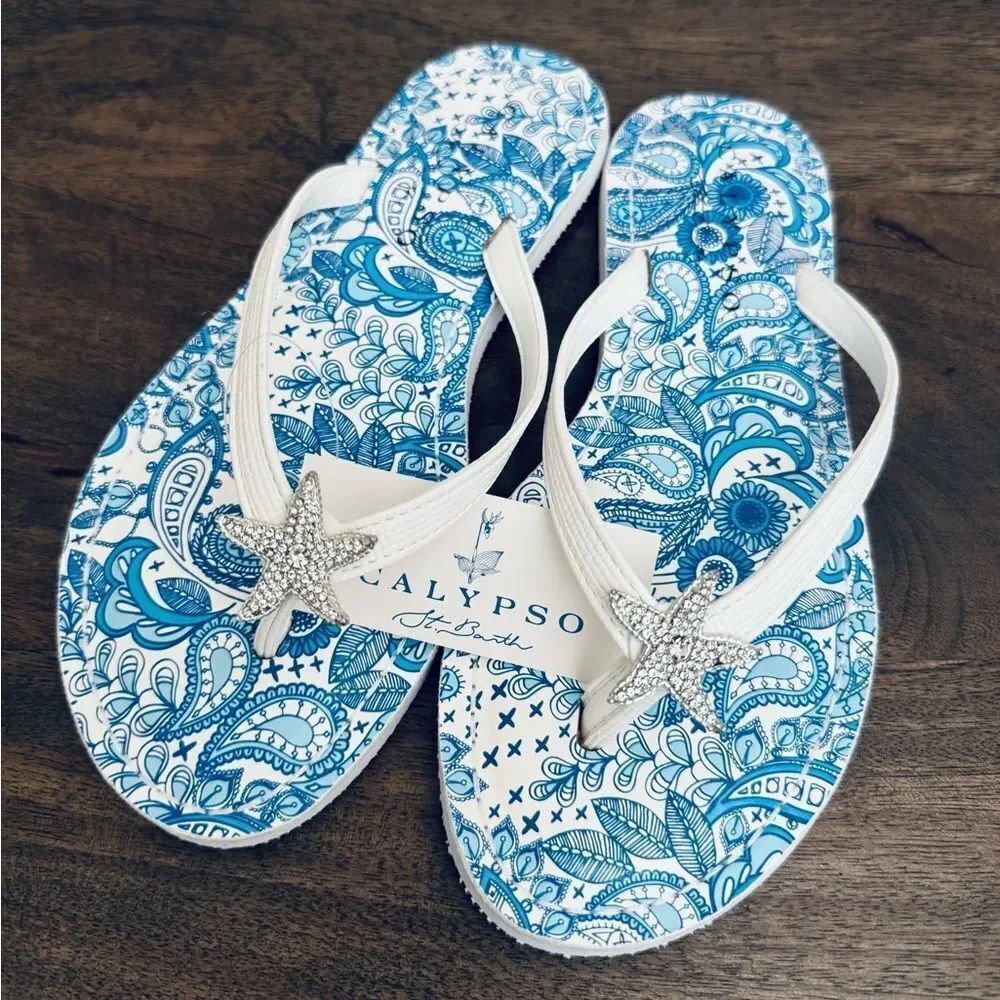Calypso St. Barth Silver Crystal Starfish White Flip Flops Sandals